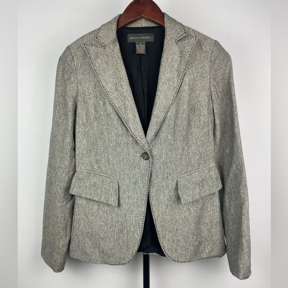 Banana Republic Gray Silk Linen Blend Career One Button Blazer Jacket